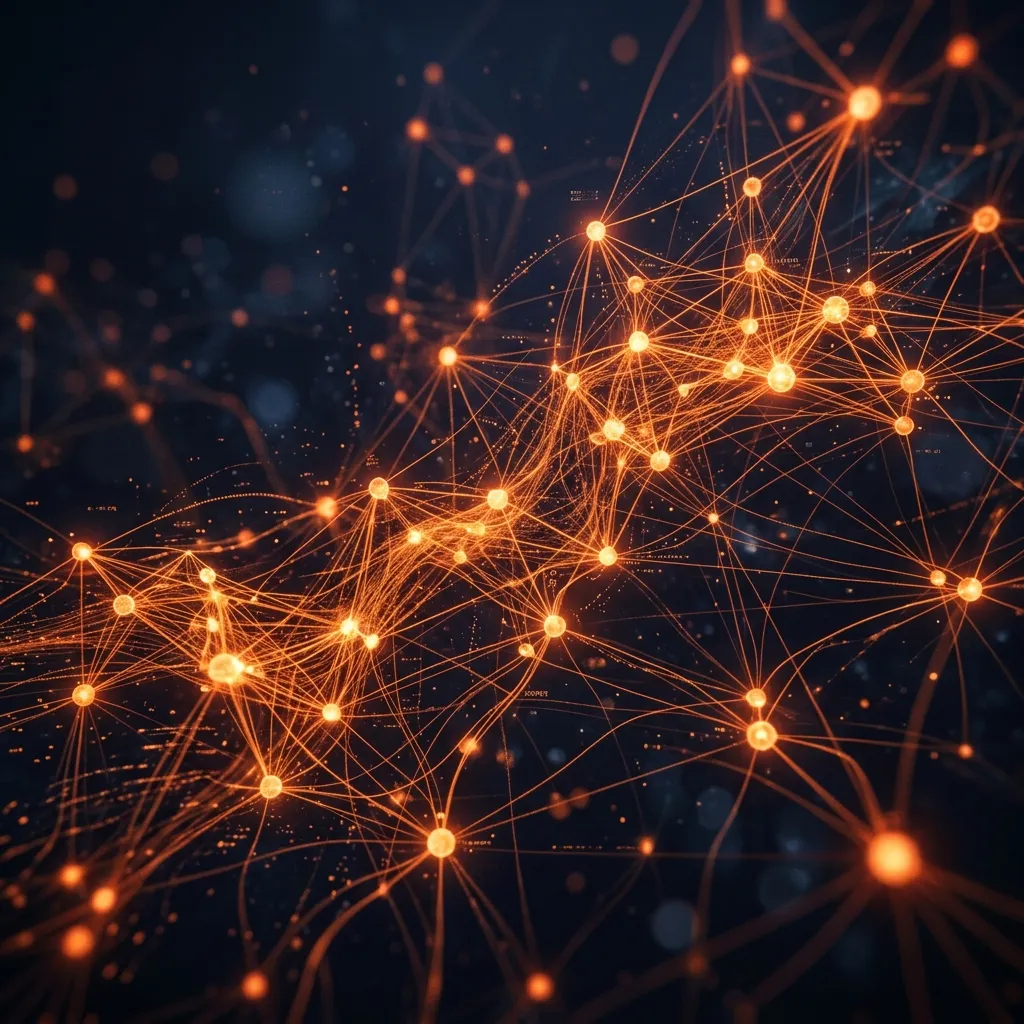 abstract digital neural network visualization with glowing orange nodes and dark data streams in a dark void
